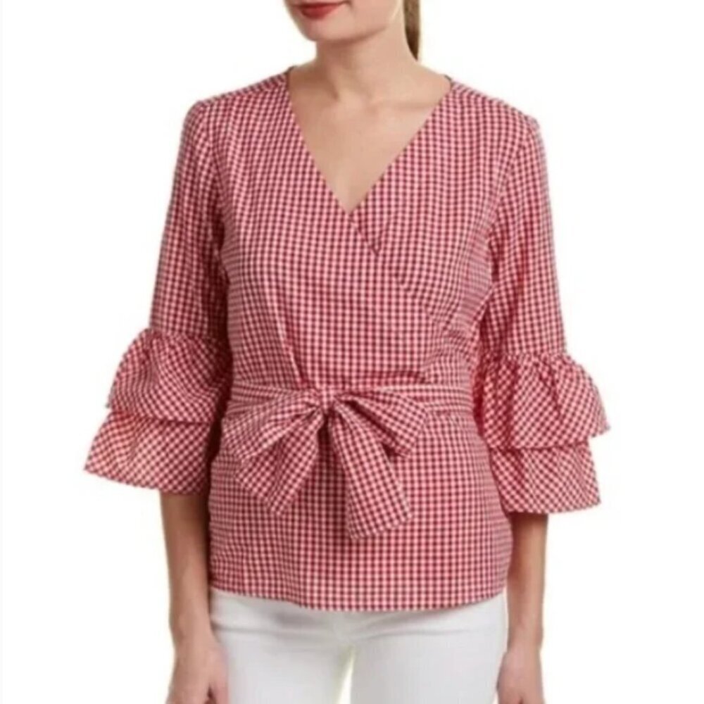 BeachLunchLounge Red Gingham Faux-Wrap Surplice Top - Size Med